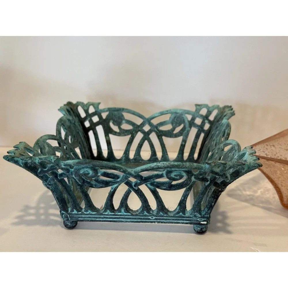 1987 Terragrafics Art Nouveau Verdigris Footed Bowl w Pink Seeded Glass Insert